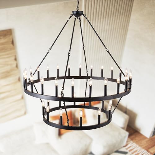 Rustic Farmhouse Black Wagon Wheel Chandelier Large Chandeliers for High Ceilings 2 Tier 36 Lights 48 Inch for Dining Room Living Room Foyer Porch Kitchen Island