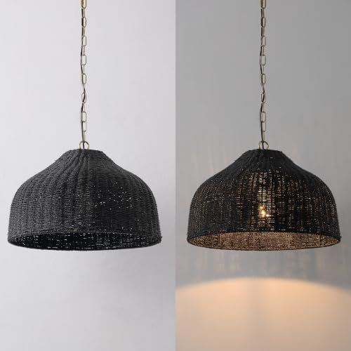 Eliza 20" Bohemian Black & Brass Gold Woven Rattan Dome Pendant