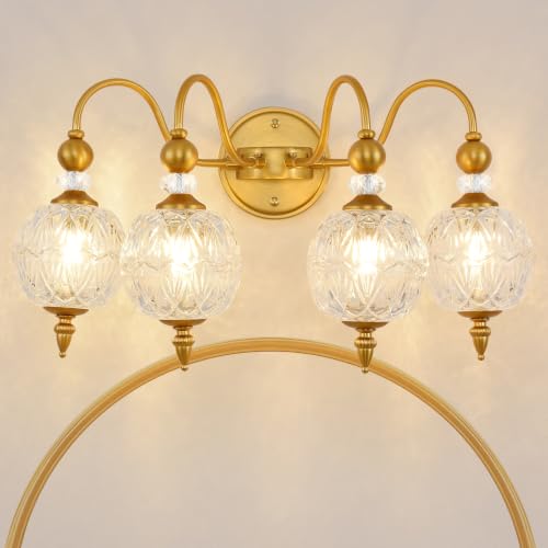 Vintage 4 Light Bathroom Vanity Light Over Mirror (Antique Gold & Clear / 4-Light)