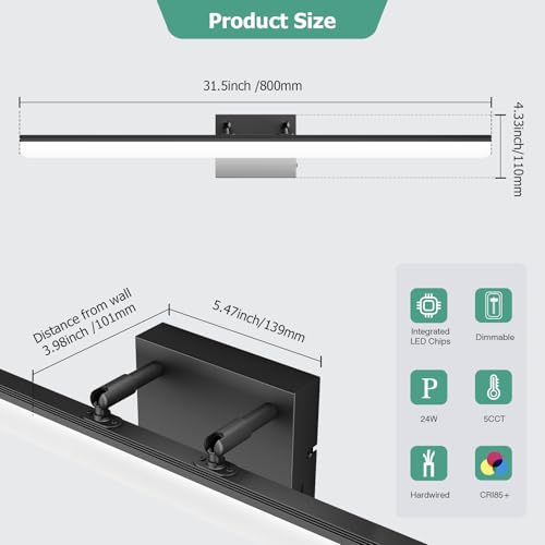 Black Vanity Light 31.5" Long 24W LED Bathroom Light Bar with 5CCT Adjustable Modern Bathroom Vanity Light Fixture for Mirror