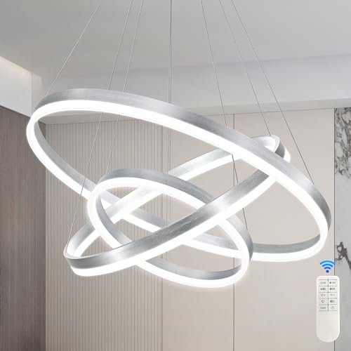 31.5" Nickel Modern Led Chandelier 3 Ring Modern Led Pendant Light Contemporary Ring Chandeliers Dimmable Chandeliers Color Temperature Adjustable Height Hanging Chandelier for Entryway