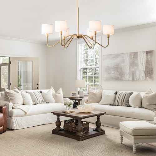 Modern Gold 6-Lights Chandelier, 39" Pendant Light with White Fabric Shade Adjustable Classic Chandelier Light Fixtures for Kitchen Island Dining & Living Room Entryway
