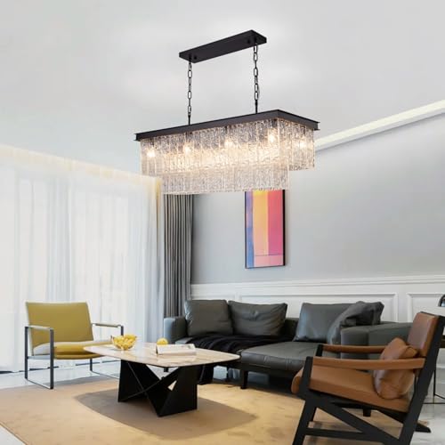 35.4" Black Rectangular Handmade Glass Chandelier Dining Room Kitchen