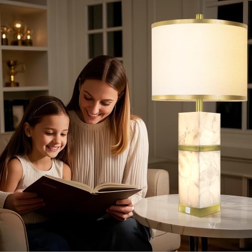 27" Alabaster Table Lamps Set of 2 with Night Light for Bedroom (2 Count)
