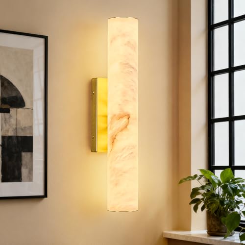 Natural Alabaster Wall Sconces Spanish Marble Wall Light Cylinder Modern Gold LED Sconce for Living Room Bedroom Bathroom Stairs（S