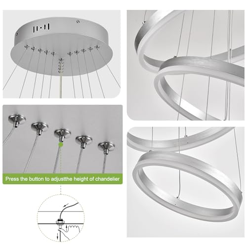 5 Rings Modern LED Chandelier Silver High Ceiling Chandelier with Remote Control Dimmable Pendant Lighting for Dining Room Foyer Living Room Entryway Staircase
