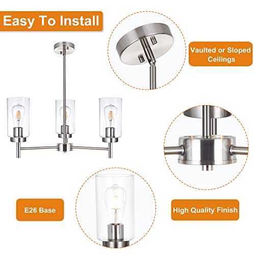 3 Lights Modern Chandeliers Metal Light Fixtures Ceiling Brushed Nickel Industrial Pendant Lighting for Dinging Room Living Room Kitchen Bedroom Hallway