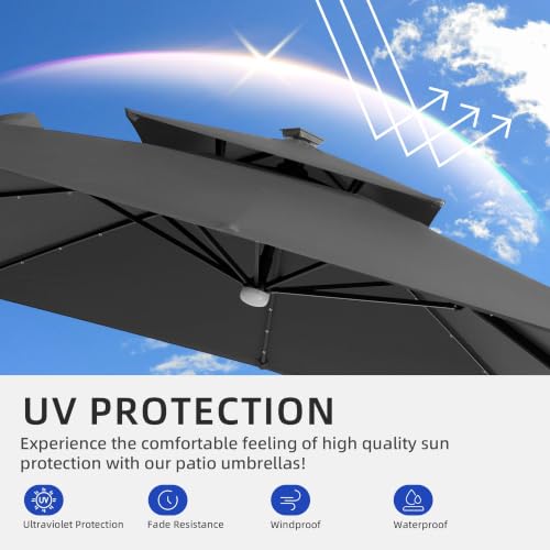 9x9 FT Cantilever Offset Patio Umbrella with Lights & Base
