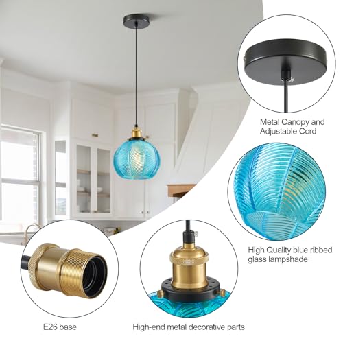Vintage Blue Glass Pendant Lights for Kitchen Island E26 Base