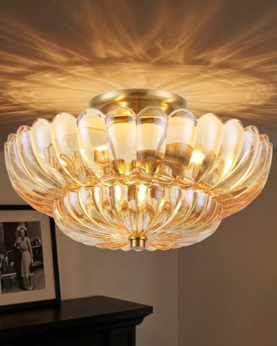 Semi Flush Mount Ceiling Light Fixture 14" Vinatge Gold Ceiling Lights Amber Mid Century Modern Glass Close to Ceiling Lighting Fixtures for Bedroom Hallway Kitchen Laundry Room Bathroom