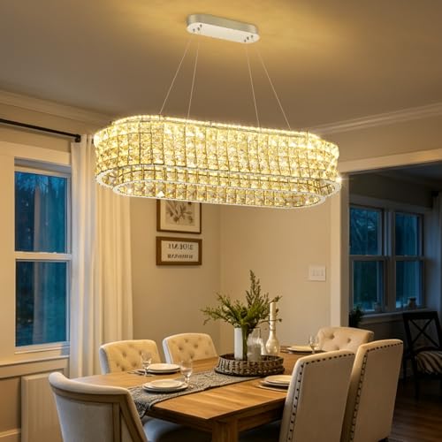 L32 x W12 Modern Chandeliers for Dining Room LED Dimmable Pendant Lighting Ceiling Chandelier Crystal Rectangle Light Fixtures Silver