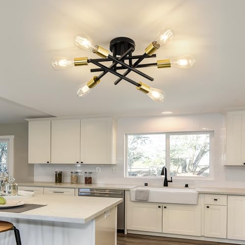6 Lights Sputnik Semi Flush Mount Ceiling Light Fixture Modern Metal Black and Gold Chandeliers with E26 Bulb Base Close to Ceiling Light for Kitchen Dining Room Living Room Hallway Bedroom