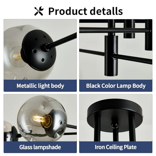 6 Light Glass Globe Sputnik Light Fixture Modern Matte Black Chandelier Semi Flush Mount Ceiling lamp for Living Room Kitchen Dining Room Farmhouse Bedroom