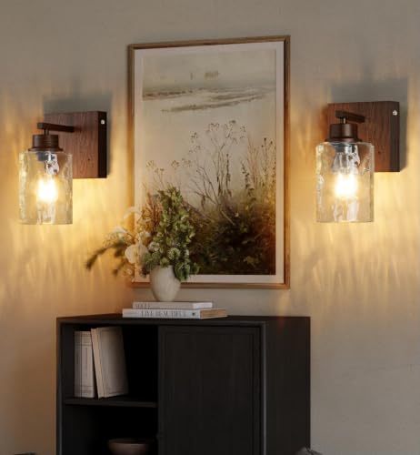 Hammered Glass Battery Operated Wall Sconces Set of Two Walnut