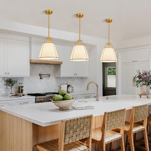 Modern Pendant Light Fixtures with 12" White Linen Fabric Shade