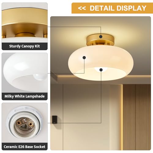 Mid Century Modern Gold Semi Flush Mount Ceiling Light 11 Inch