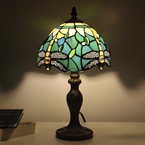 Tiffany Table Lamp Dragonfly Style Blue Yellow Stained Glass Accent Lamp Bronze Resin Base 8X8X14 Inch