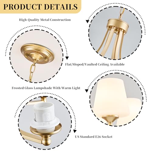 6 Light Modern Gold Chandeliers for Dining Room 47.2'' Adjustable Height Farmhouse Pendant Light with Frosted Glass Shades