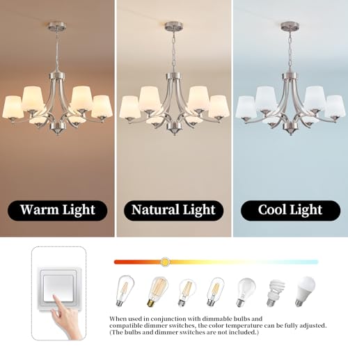 6 Light Brushed Nickel Chandeliers for Dining Room with Frosted Glass Farmhouse Silver Ceiling Hanging Lighting Fixtures Classic Pendant Lamp for Living Room