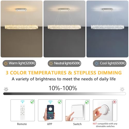 Oval Crystal Chandelier Modern Dimmable LED Chandeliers for Dining Room Rectangular Light Fixture with Remote for Living Room Kitchen Light Silver