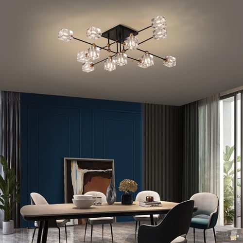 13 Light Crystal Ceiling Light Fixture Semi Flush Mount Ceiling Light Fixture Modern Black and Gold Sputnik Chandeliers for Dining Room Living Room Kitchen Island Hallway Bedroom
