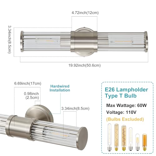Hardwired Nickel Bathroom Vanity Light Glass Rod Wall Sconce