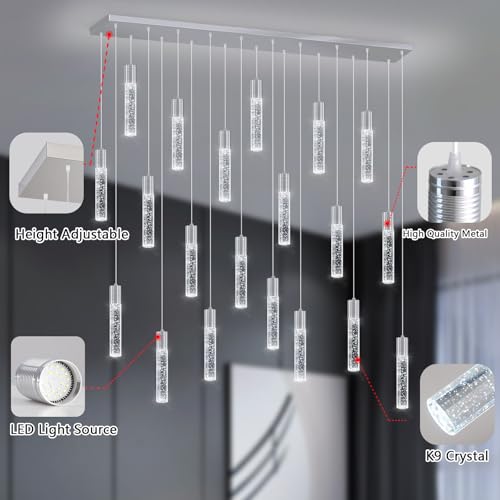 20 Lights Modern Crystal Chandeliers LED Pendant Light for Kitchen Island Dining Room Entrance Foyer Living Room Silver