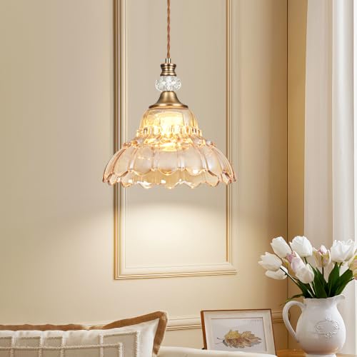 1 Piece Vintage Chandelier in Matte Antique Brass Finish with Amber Flower (1-Light / Antique Brass and Amber)