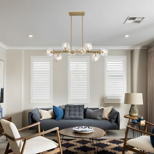 Modern Linear Chandeliers 8 Light Clear Glass Dining Room Light Fixture 39" Gold Mid Century Chandelier Pendant Light for Living Room Kitchen Island