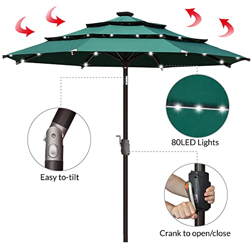 USA 10-Year-Non-Fading 9ft 3-Tier Market Patio Umbrella, Commercial Table Umbrella with 80 Solar LED Lights, Crank Open, Windproof & UPF 50+ UV Protection for Garden, Deck, Pool, Backyard, Forest Green