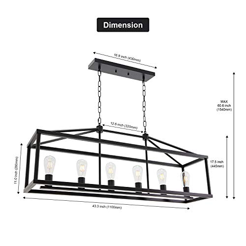 Modern Rectangle Chandelier 6 Light Black Industrial Vintage Kitchen Island Lighting Fixture Hanging Pendant Lamp Farmhouse Metal Cage Ceiling Light Fixtures for Living Room Dining Room Foyer