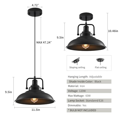 Black Pendant Light 12.5 inches 2 Packs