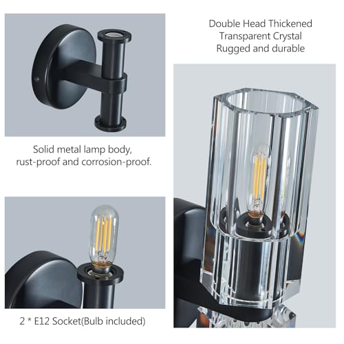 Modern Black Wall Sconces Set of Two Bedroom Crystal Wall Sconces Indoor Sconces Wall Lighting Living Room Sconces with K9 Crystal Lampshade for Bathroom Hallway Entryway Stairway (2 Count)