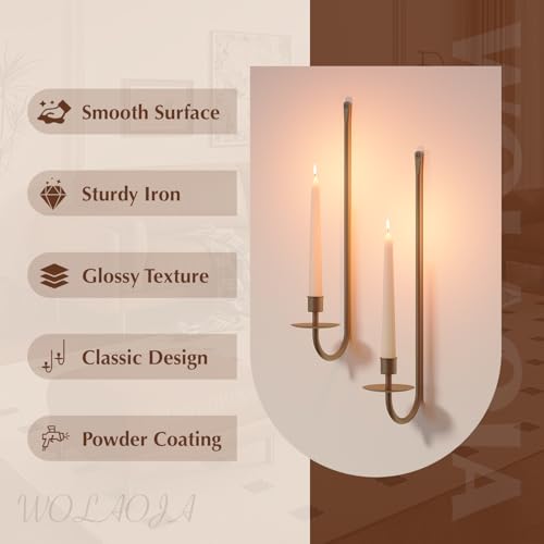 Metal Wall Candle Sconce Holder Set of 2 Wall Mount Candle Holder Pillar Holder Brass Modern Wall Candle Sconces Hanging for Living Room Farmhouse Fireplace Wedding (2 Count)