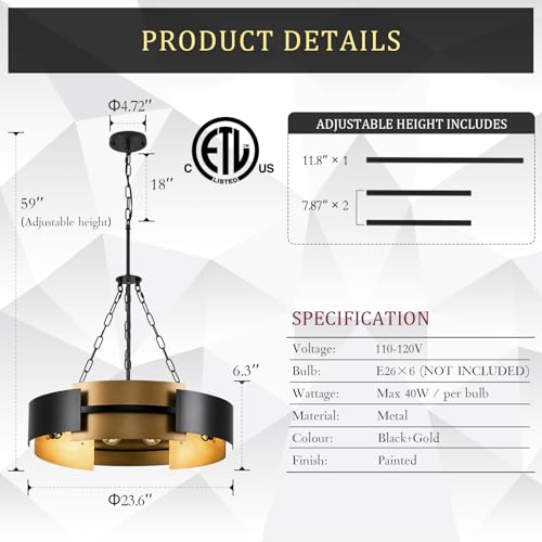 24" 6 Light Industrial Drum Chandelier with Black Gold Metal (6 Count)