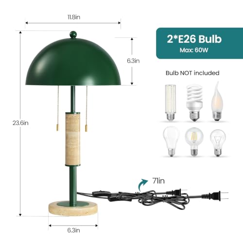 Green Bedside Table Lamp Set 2 Mid Century Modern Tavertine Nightstand Lamp