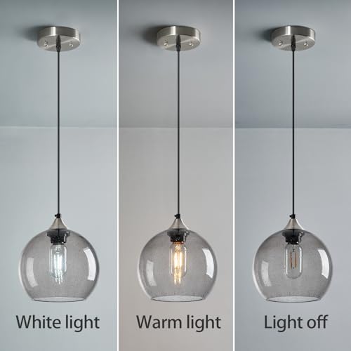 Light Grey Glass Pendant Lights Kitchen Island Lighting Globe Pendant Light Fixtures Modern Pendant Lighting for Bedroom Living Dining Room Light Fixture