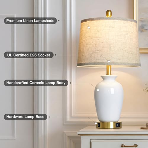23" Set of 2 White Ceramic Small Table Lamp for Living Room Bedroom (2 Count)