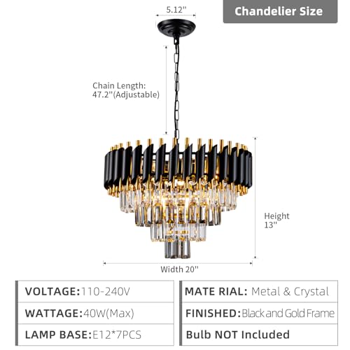 7 Light Modern Crystal Chandelier 20" Dining Room Light Fixtures 4 Tiers Flush Mount Smoke Grey and Gold Chandelier Round Chandeliers for Dining Room Living Room Kitchen Entryway Foyer