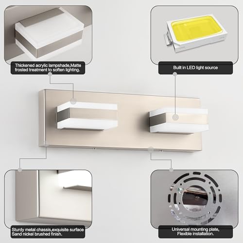 2 Light Brushed Nickel Vanity Lights for Bathroom Over Mirror