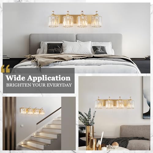 4 Lights Brushed Brass Bathroom Light Fixture Gold Vanity Lights Modern Crystal Bathroom Vanity Lighting Over Mirror Wall Sconce with K9 Crystal Shade E26 Base for Living Room