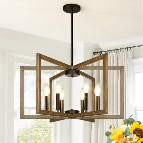 25" 61" Height Adjustable Retro Wood Texture Chandelier for Dining Room