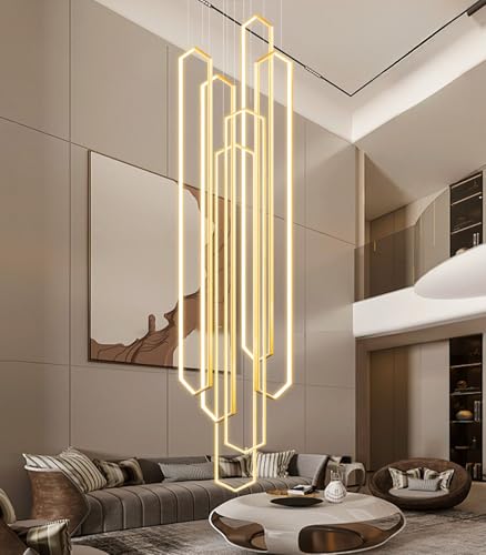 6 Rings Large Chandelier for Staircase Modern High Ceiling Chandelier LED Dimmable Chandeliers for Foyer Staircase Foyer Enterway Living Room Villa Gold (6 Count)