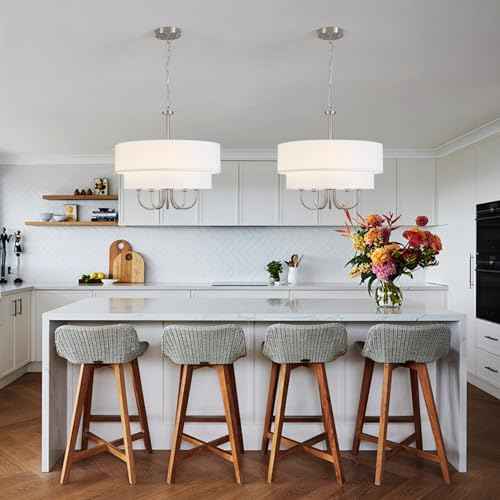 Modern Drum Chandeliers for Dining Room Light Fixture 5 Light Brushed Nickel Chandelier with Shades Contemporary Farmhouse Hanging Large Pendant Lighting for Kitchen Island Living Room Entryway Foyer