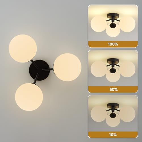 Black Globe Semi Flush Mount Ceiling Light Mid Century Modern Milk Glass