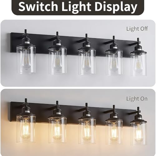 5 Light Black Bathroom Light Fixture Over Mirror Modern Farmhouse Bathroom Vanity Light Vintage Wall Lighting with Clear Glass Shade for Bathroom (5 Count)