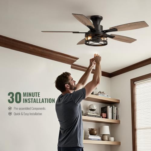 52 Inch Flush Mount Ceiling Fans with Lights and Remote Control (Black - Flush Mount / 52 Inch)