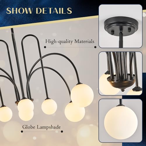 Black Sputnik Chandelier with Milk Glass Globe 8 Lights L41 Inch