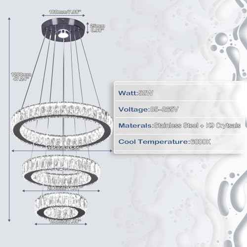 Finktonglan 3-Ring Round Crystal LED Chandelier, 52W 6500K Cool White | 15.6-Inch K9 Crystal Rings, Adjustable Height and Shape, Non-Dimmable Pendant for Dining Room, Living Room and Foyer