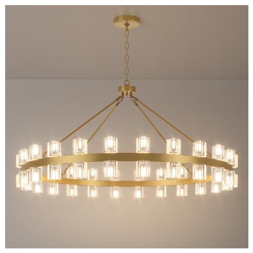 48 Inch Gold Wagon Wheel Chandelier with Crystal Shade